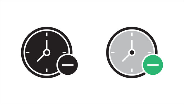 Outline clock icon with minus symbol representing time reduction, limited time, deadline adjustment, schedule decrease, or cancellation concept. Minimal black vector isolated on white background.