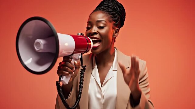 Confident businesswoman in a tailored suit uses a megaphone to amplify her message projecting authority and leadership with a bold impactful statement