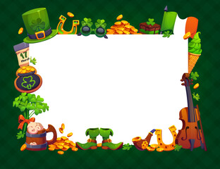 Obraz premium St Patrick day holiday greeting card frame with shamrocks, leprechaun boots, gold coins, Irish flag, beer, fiddle and green treats. Vector festive border for celebration invites, or cultural events