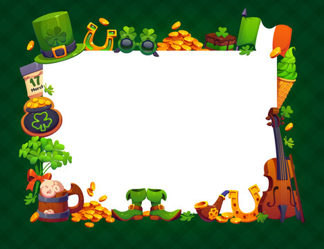 St Patrick day holiday greeting card frame with shamrocks, leprechaun boots, gold coins, Irish flag, beer, fiddle and green treats. Vector festive border for celebration invites, or cultural events