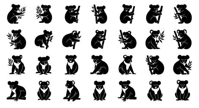 Set of black koala silhouettes in various poses with eucalyptus leaves on white background for design and decoration