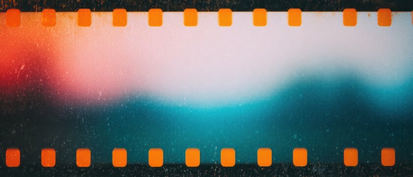 Retro Photographic Film Strip with Orange Light Leaks and Grainy Analog Texture Vintage Cinematic Background