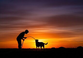 Dog taking a bath in the garden