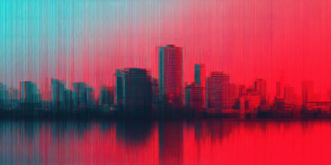 Fototapeta premium City Skyline Reflection Distorted by Vibrant Red and Cyan Vertical Glitch Lines Futuristic Urban Digital Aesthetic