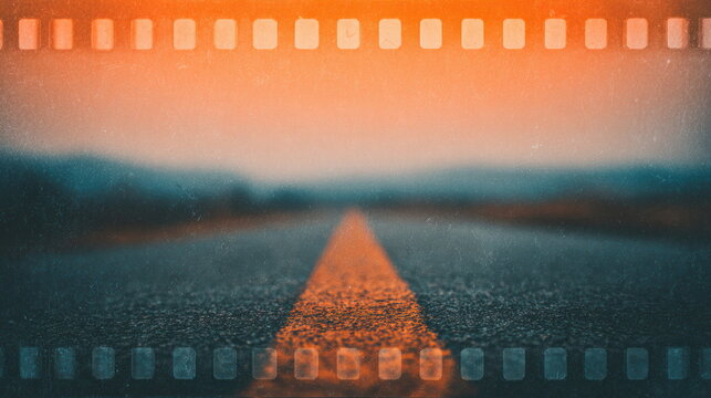 Straight Empty Asphalt Road with Bright Orange Center Line and Film Strip Overlay Cinematic Journey