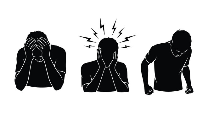 Three black silhouettes of a man expressing distress overwhelmed and despair on transparent background high quality professional detailed modern elegant stylish