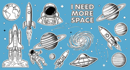 Astronaut explores space with rockets planets and stars nearby © jonny