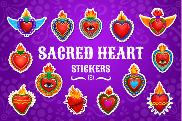 Cartoon Mexican sacred hearts vector stickers. Ornate sacred hearts glow with red and gold tones, surrounded by fire, angel wings and eye motifs. Mexican folk, tattoo, day of the dead hearts patches