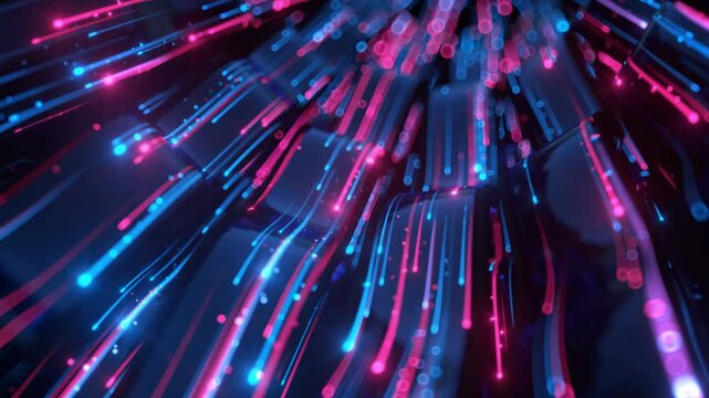 Fiber optic cables transmitting data with red and blue light signals technology animation