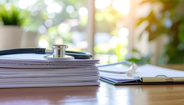 Professional medical desk scene with a stethoscope resting on a stack of important healthcare documents, symbolizing meticulous patient care and administrative work