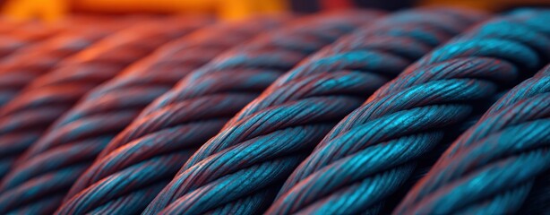 Close Up of Thick Industrial Wire Rope Tightly Wound with Blue and Orange Lighting Dramatic Strength and Tension
