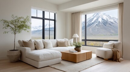 Fototapeta premium Modern lounge area with mountain view through large
