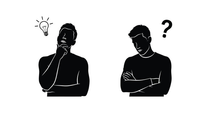 Two men in thought one with a lightbulb and one in questioning pose presented as a silhouette on transparent background