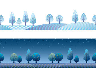 Set Of Two Vector Seamless Forest And Field Illustrations. One Is In Winter, And The Other Is At Night. Horizontally Repeatable.