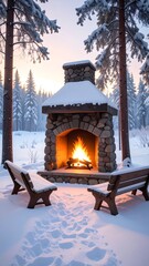 Snowy scene with stone fireplace burning warmly between two benches, forest background