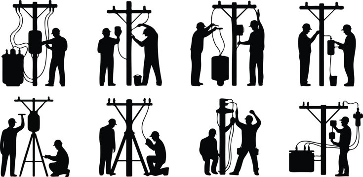 Electricians working on power poles with tools and equipment fixing electrical lines vector illustration