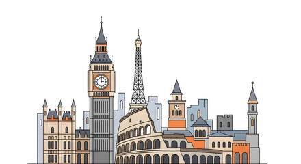 Obraz premium Iconic European Landmarks Skyline Vector Illustration for Travel Concepts