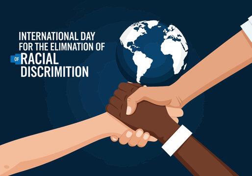 Hands shaking in front of a globe on a dark blue background for racial discrimination awareness