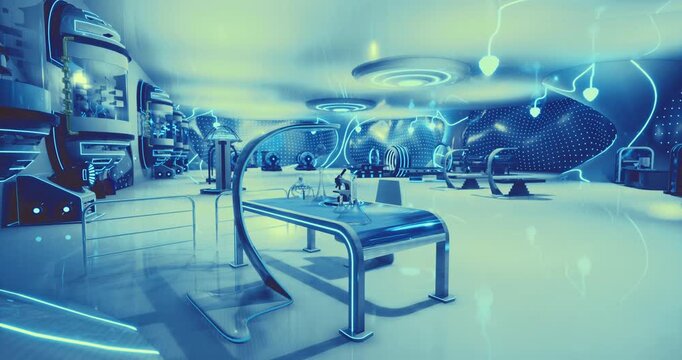 Inside a modern laboratory, blue lighting illuminates high tech equipment and unique designs. The setting features futuristic tables and screens, creating a sci fi atmosphere.