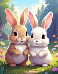 Two fluffy rabbits, brown and white, stand side-by-side in a meadow with flowers and trees