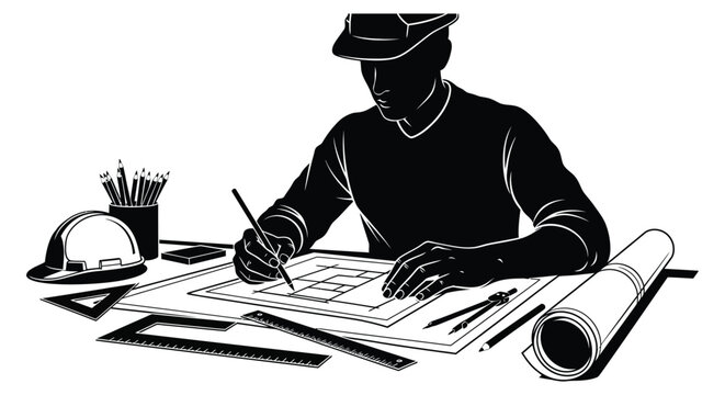 An architect meticulously works on blueprints with tools presented as a striking silhouette on transparent background high quality professional detailed modern