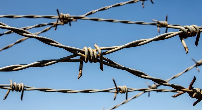 Close up of barbed wire against a clear blue sky