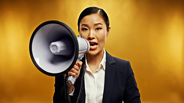 Confident Asian businesswoman passionately announces a new product launch or important company message with a megaphone in a studio setting