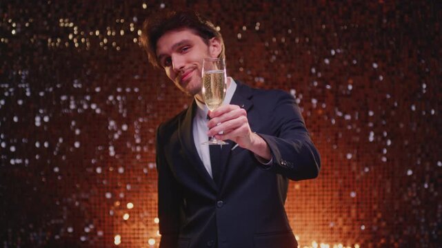 Elegant tuxedo man hold flute glass of champagne. Celebrates success, victory or winnings, wishes you happy new Year or Christmas. Cheers businessman. Handsome mal suit. Celebrate with sparling wine