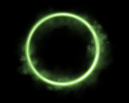Green magic glowing ring with smoke. Neon realistic energy flare halo ring. Abstract light effect on a black background. Vector illustration.