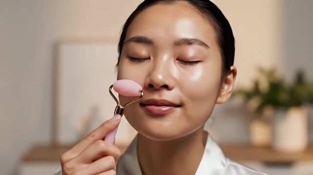 Young Asian woman enjoying a relaxing facial massage with a rose quartz roller promoting skincare and self-care rituals in a modern home setting