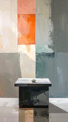 Abstract composition table with stone against large color blocks