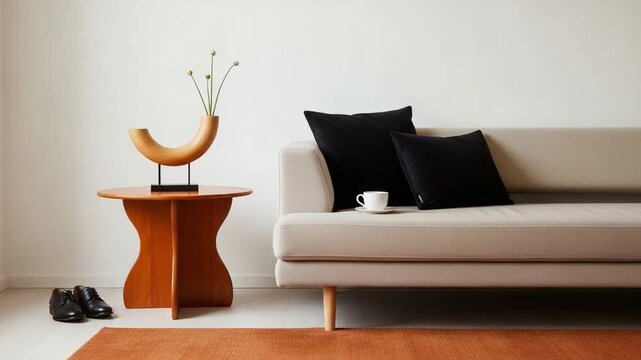 Minimalist living room interior with beige sofa, black pillow, white coffee cup, terracotta side table, curved wooden lamp and black shoes on warm wooden floor, nobody