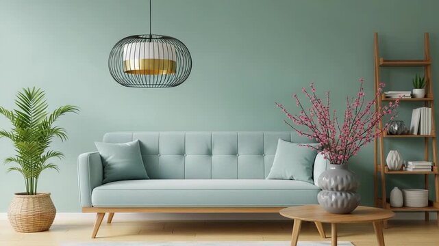 Scandinavian living room interior with light gray tufted sofa, aqua wall, black rattan pendant lamp, wood ladder shelf, potted palm and coral branches in ceramic vase