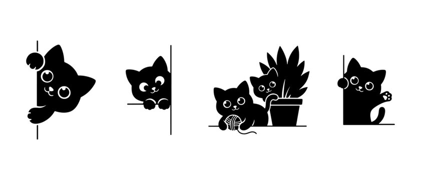 Cute black cats peeking set vector illustration isolated on white background