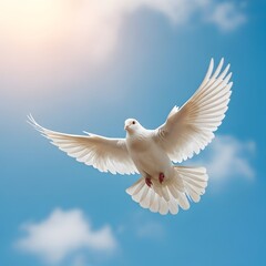 Obraz premium White Dove Flying Freely in Bright Blue Sky with Sun Rays, Peace and Hope Symbolism