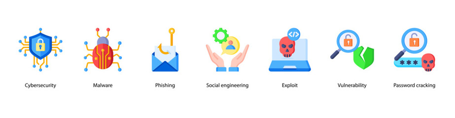 Cybersecurity Fundamentals web banner illustration featuring Cybersecurity, Malware, Phishing, Social engineering, Exploit, Vulnerability, and Password cracking. © Dewi Sari