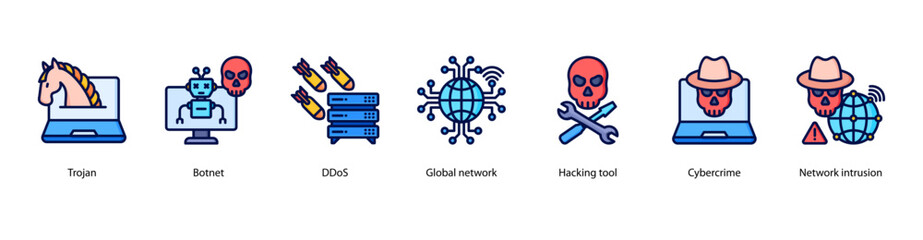 Cybercrime Attacks web banner illustration featuring Trojan, Botnet, DDoS, Global network, Hacking tool, Cybercrime, and Network intrusion. © Dewi Sari