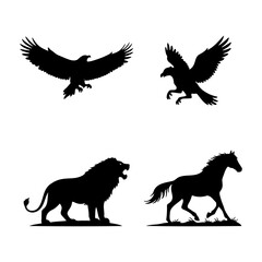 Wild animal silhouettes set featuring eagles lion and horse vector collection