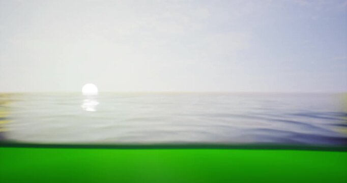 A tranquil ocean landscape features a soft sunrise illuminating the waters surface. Green hues border the scene, enhancing the peaceful atmosphere of a new day.