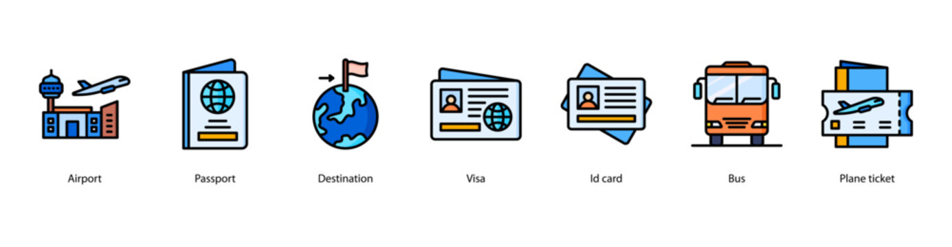 Immigration and Travel Essentials web banner vector illustration featuring Airport, Passport, Destination, Visa, ID card, Bus, and Plane ticket.