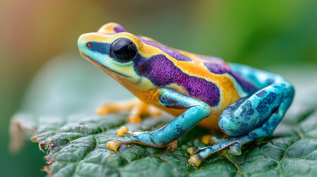 A vibrant poison dart frog rests on rainforest foliage, symbolizing tropical biodiversity and fragile amphibian ecosystems.