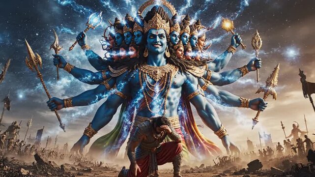 Warrior kneels before multi-armed deity on ancient battlefield