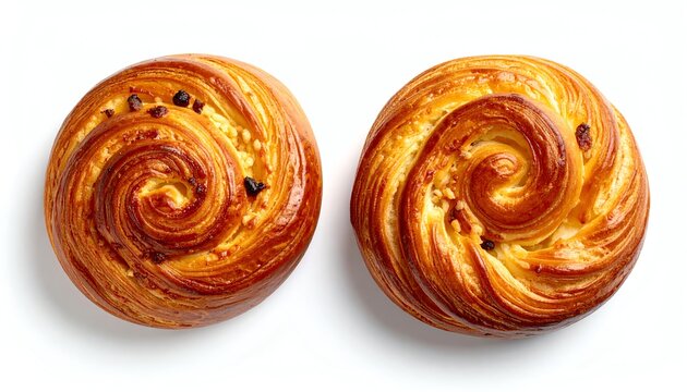 Golden swirl sweet pastry bread, glossy surface, delicious texture, inviting treat on a clean white background, perfect for bakery branding or food advertising.