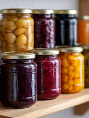 Collection of colorful jam jars on wooden shelf in kitchen