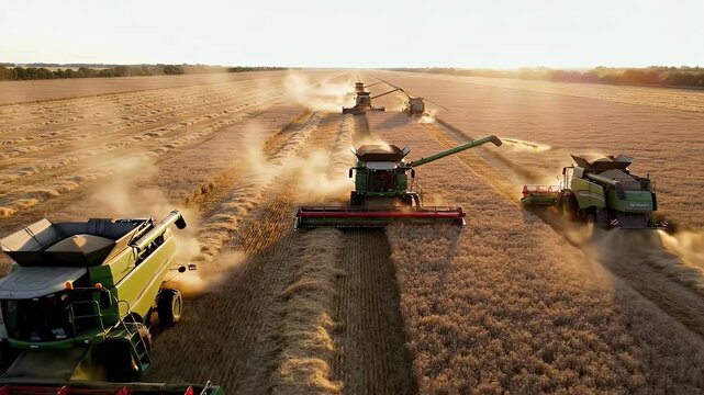 Combines harvest wheat in golden field at sunset, creating dust clouds