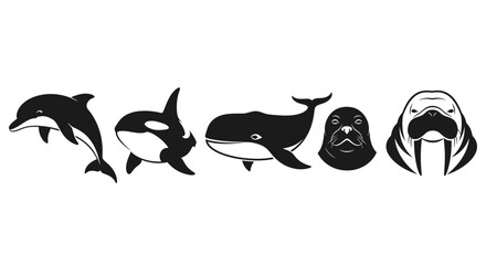Black silhouettes of marine animals and a gorilla, viewed from the side, showcasing diverse wildlife in a simple graphic illustration style © Sentimental Visual