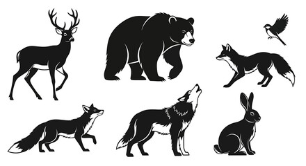 Fototapeta premium Collection of forest animals including deer, bear, fox, wolf, and rabbit in various poses