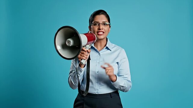 Confident businesswoman with megaphone speaks out a powerful portrait conveying advocacy leadership and communication for marketing campaigns and social media content