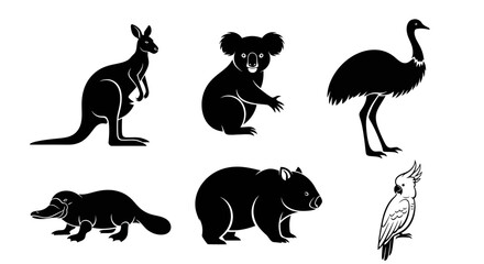 Australian wildlife silhouettes featuring kangaroo, koala, emu, platypus, wombat, and cockatoo in a minimalist illustration