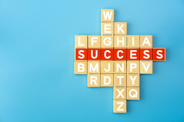 Business for success concept with success words icon on wooden cubes. copy space